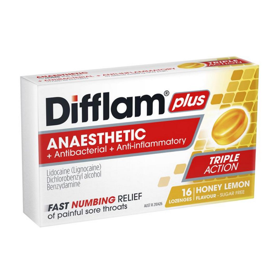 Difflam Plus Triple Action 16 Lozenges Sugar Free Wild Berry/ Honey Lemon/ Eucalyptus Menthol