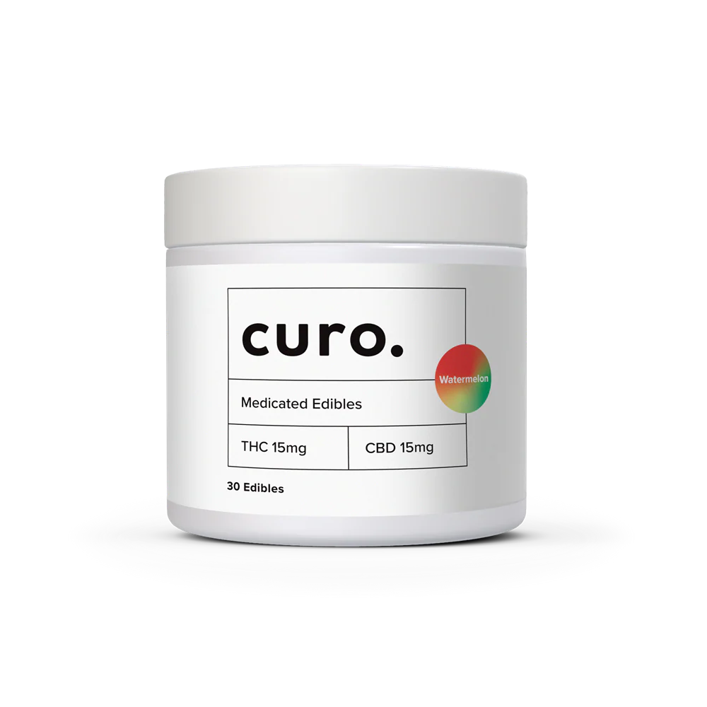 Curo Watermelon Balanced THC 15mg CBD 15mg Medicated Cannabis Edibles - 30 Pastilles