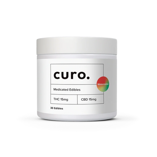 Curo Watermelon Balanced THC 15mg CBD 15mg Medicated Cannabis Edibles - 30 Pastilles