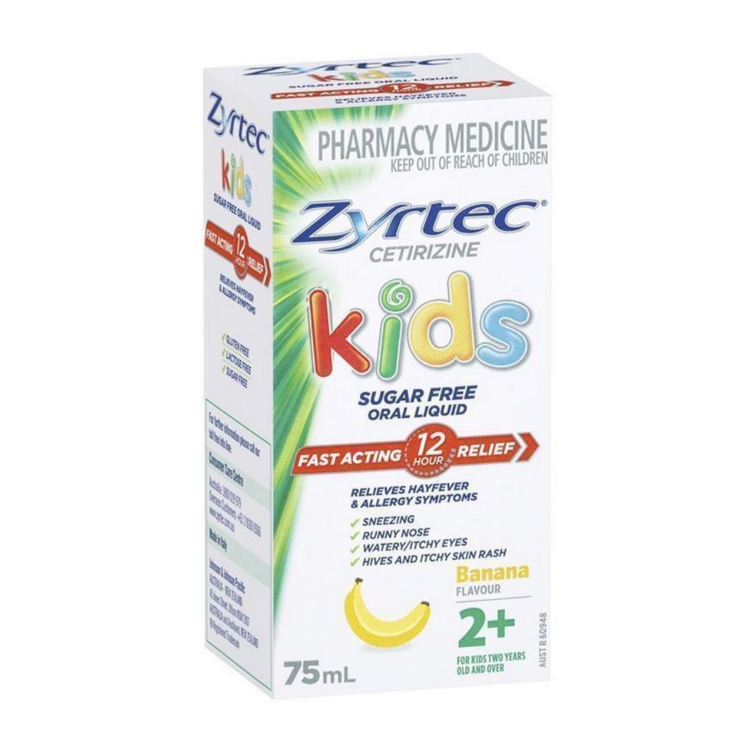 Zyrtec Kids Antihistamine Allergy Hayfever Oral Liquid Banana 75mL Zyrtec kids antihistamine allergy hayfever oral liquid banana 75ml