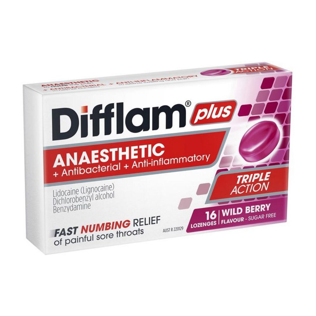 Difflam Plus Triple Action 16 Lozenges Sugar Free Wild Berry/ Honey Lemon/ Eucalyptus Menthol